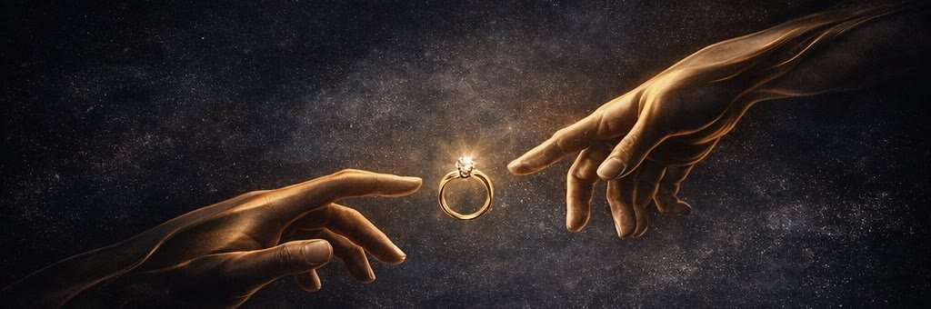 Due mani che si cercano attorno a un anello d'oro sospeso nella luce