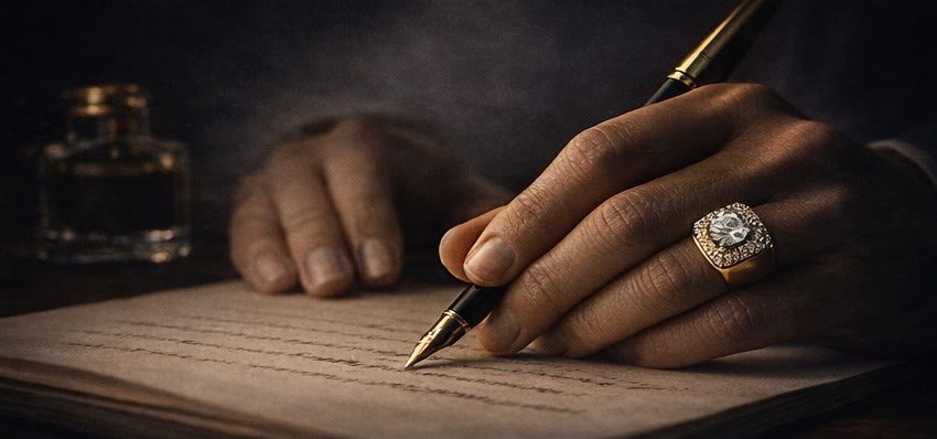 Una mano con un anello scrive una lettera con la stilografica
