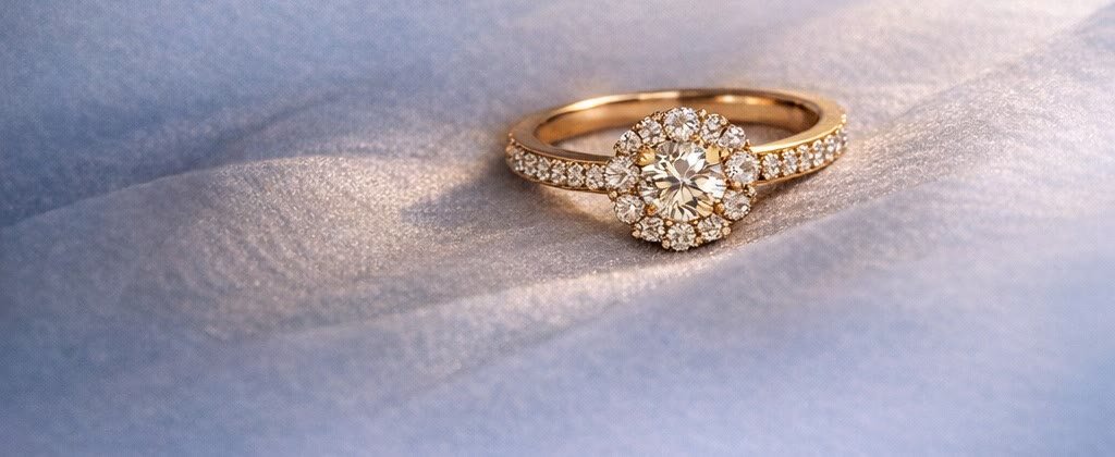 Un anello d'oro con pietre, adagiato su sabbia chiara